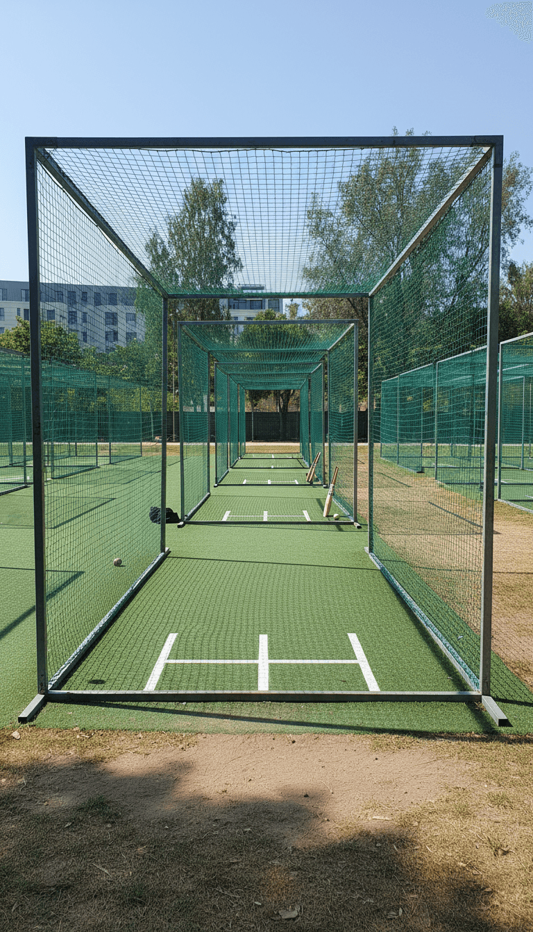 Cricket nets with bowling crease, netting frame, and artificial pitch strip in outdoor sports complex