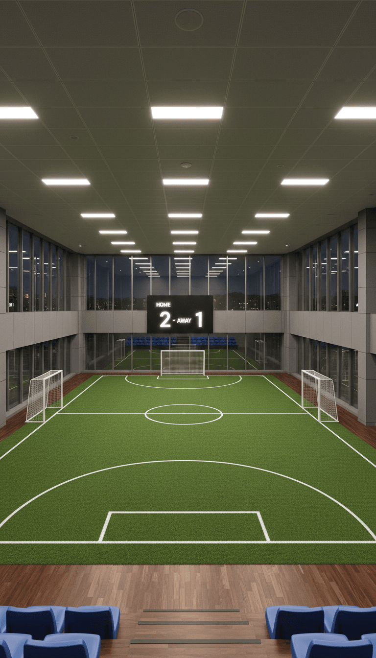 Futsal court with artificial turf and white boundary lines in indoor sports facility