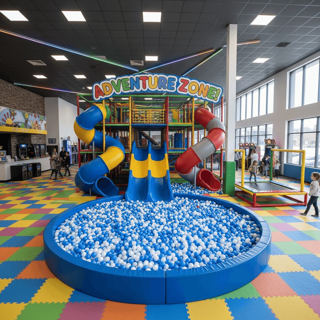 commercial indoor soft play area with slides and ball pit in bright family entertainment center