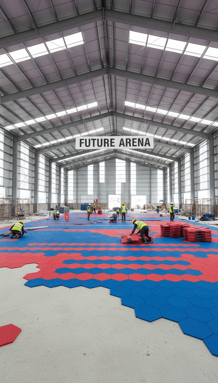 Steel building under construction with sport court flooring being installed inside covered structure