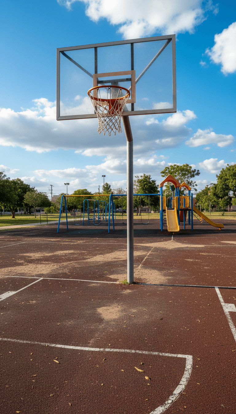 Outdoor basketball court with hoop, backboard, and painted court lines
