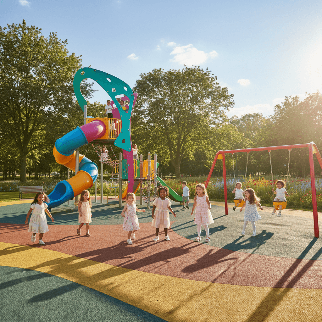children playing on modern colorful playground equipment in outdoor park with bright sun
