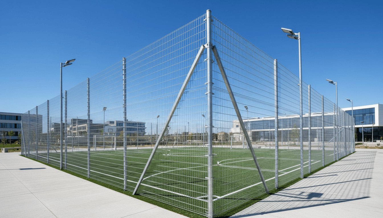 Synthetic turf sports field with steel fencing and clear sky