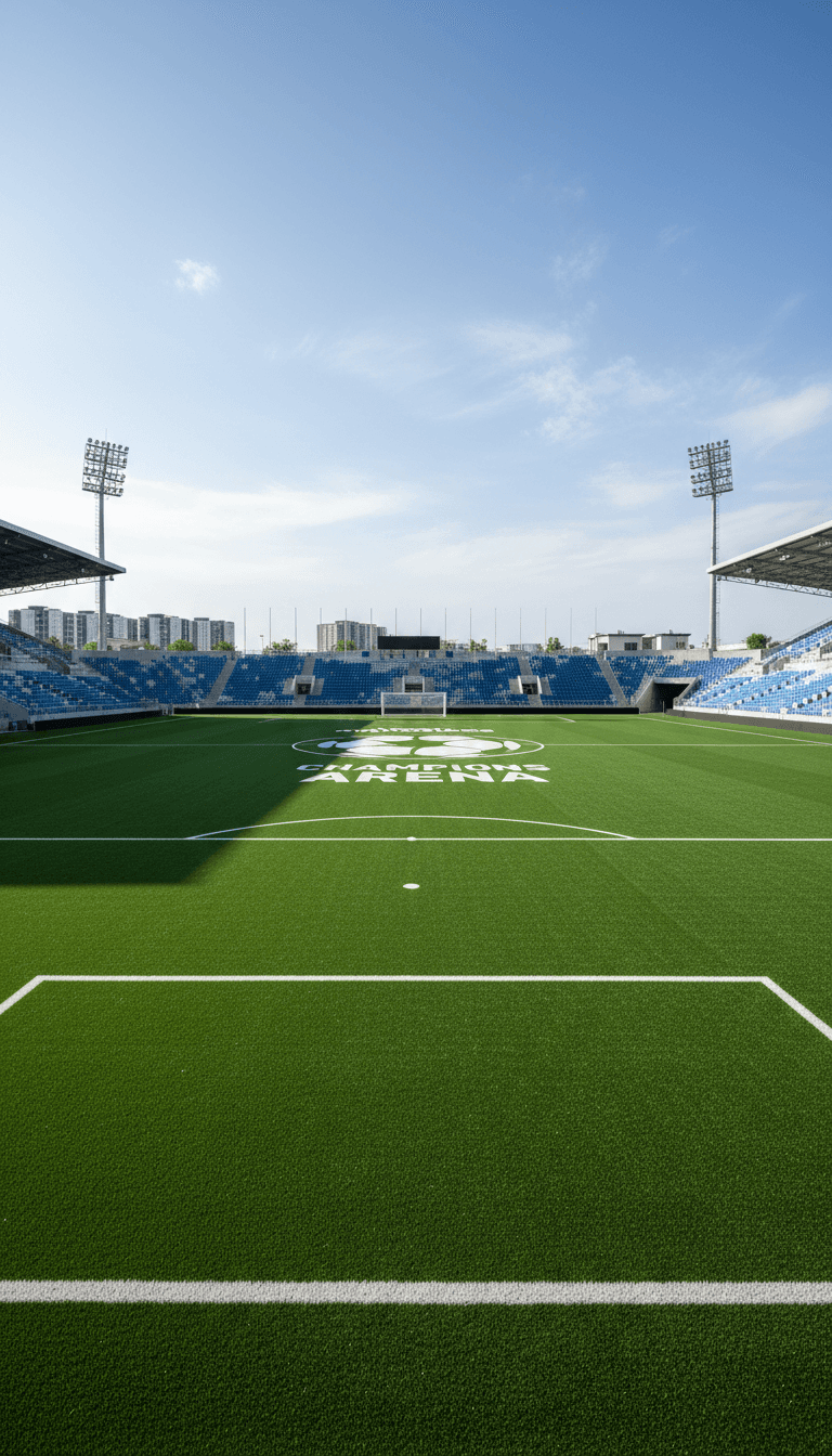 Football pitch with natural-looking artificial grass and white markings in outdoor stadium