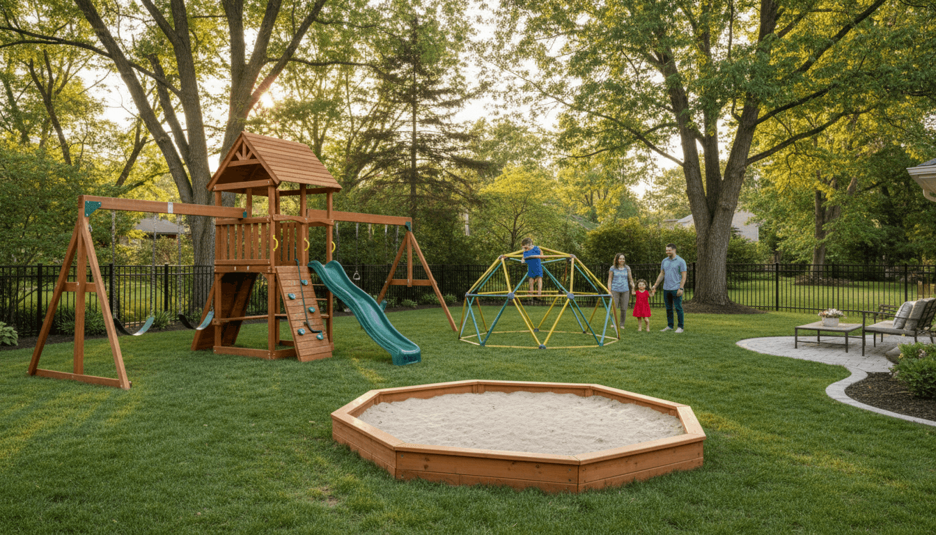 Outdoor playground with climbing frames, slides, and swings in a green park