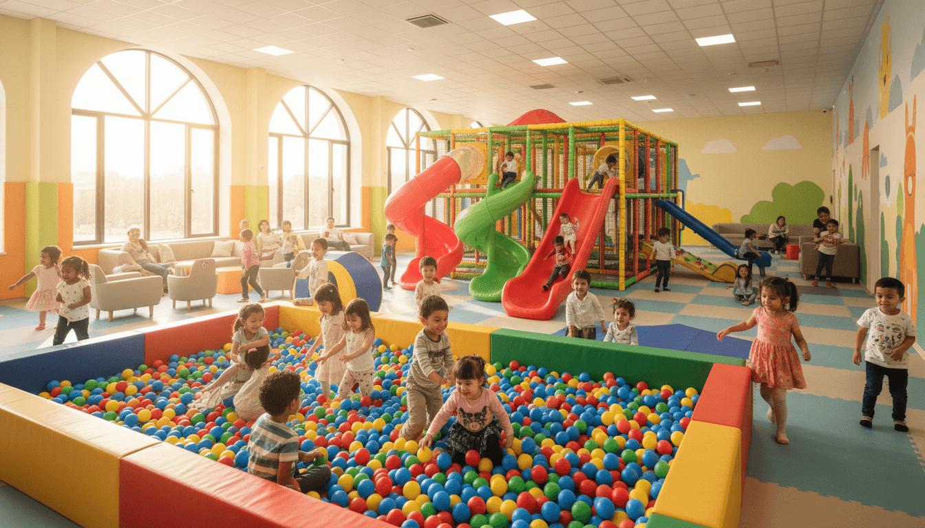 Modern family entertainment center with playground equipment and bright colorful play structures