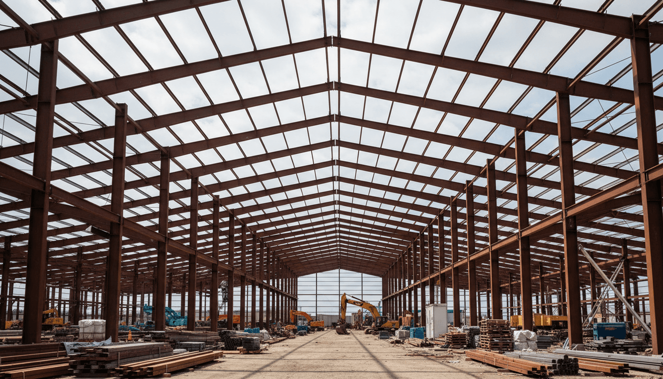 Steel frame building structure rising on a construction site