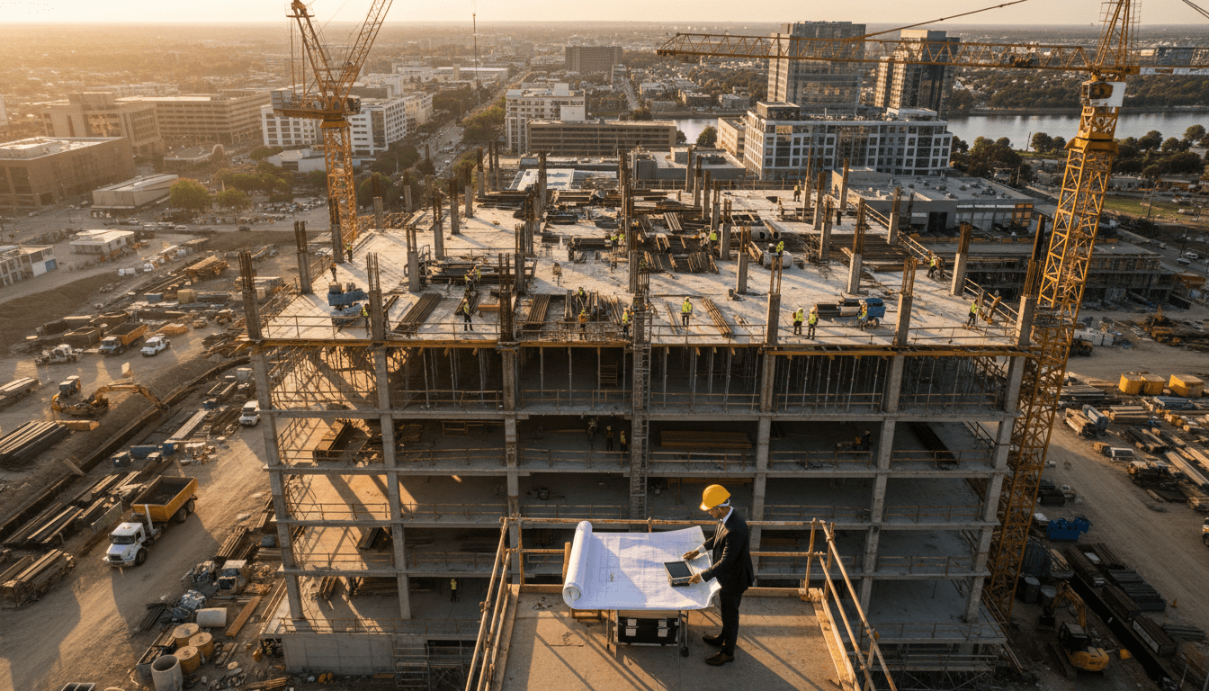 Large modern steel building construction site with blue sky and clouds