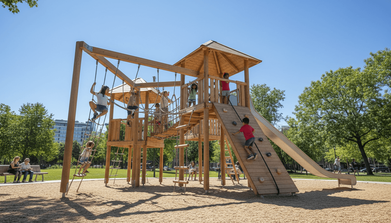 Modern outdoor playground with colorful play equipment in bright sunlight