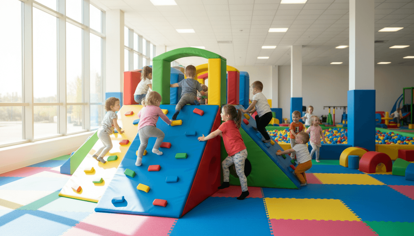 Indoor soft play zone with climbing structures