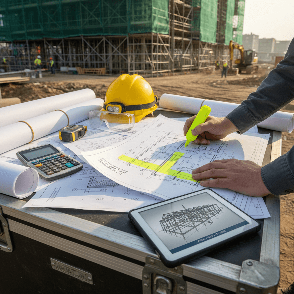 Construction engineer reviewing plans at a steel building site