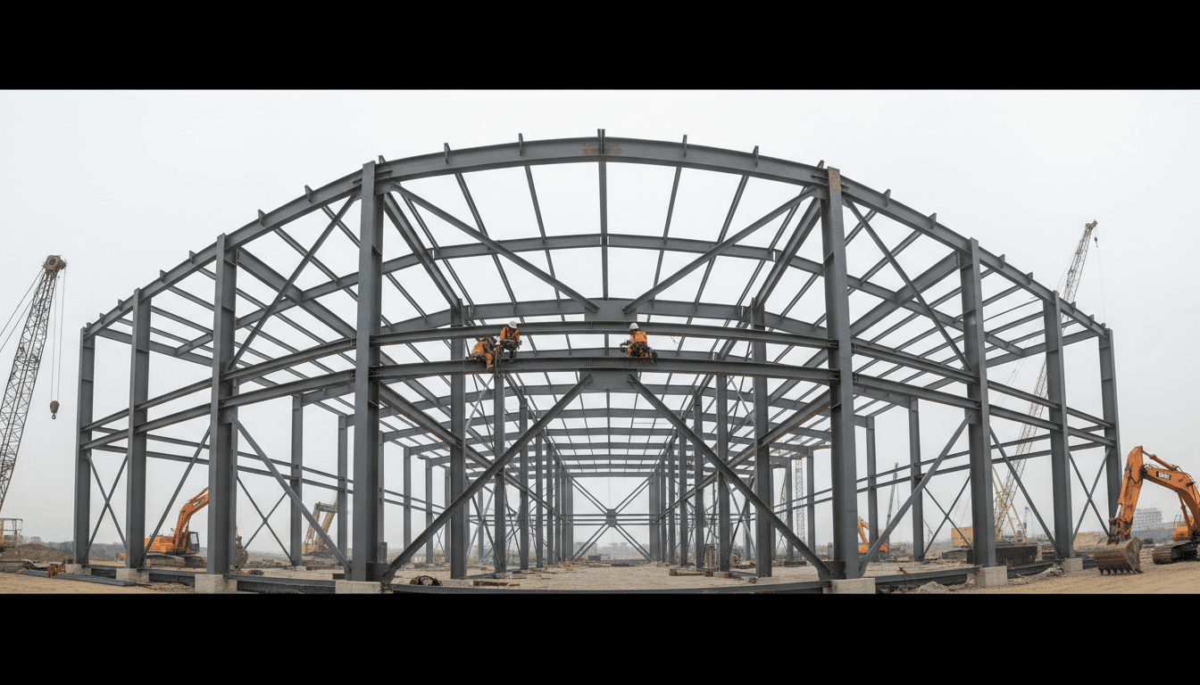 Steel building construction under way at a commercial site