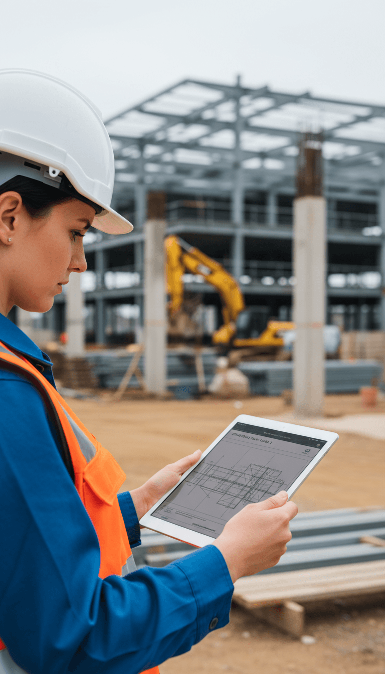 Engineer reviewing plans on a construction site