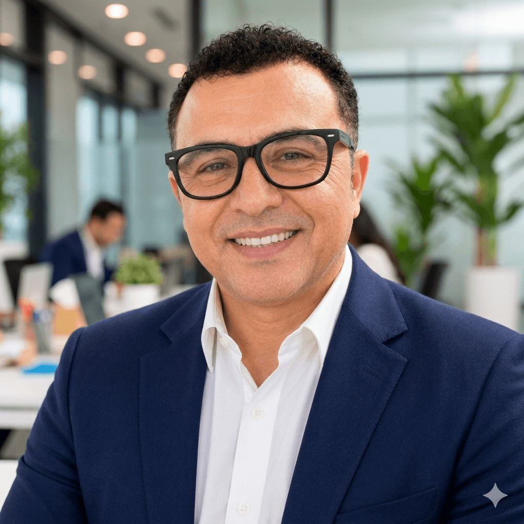 Smiling middle-aged man wearing black glasses and a navy blazer in a bright office.